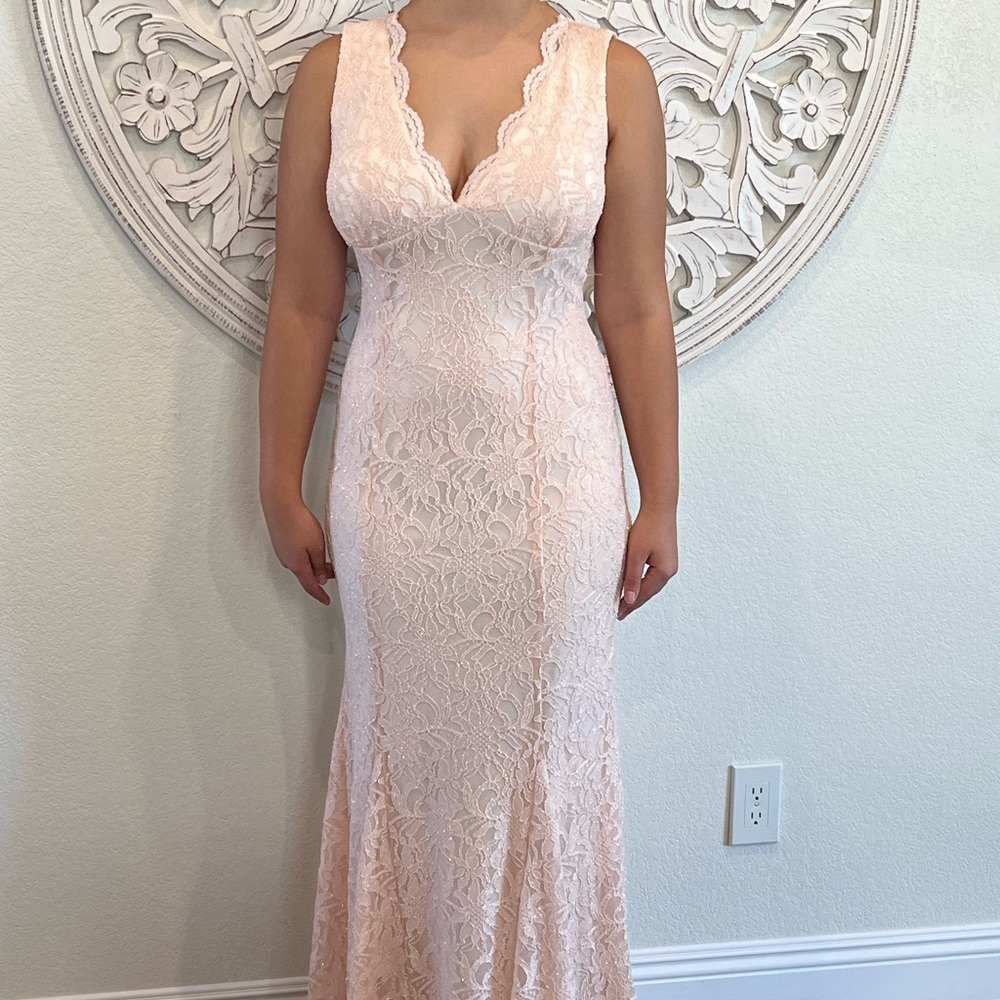 Morgan & Co Lace Overlay Open Back Evening Dress Size 12P